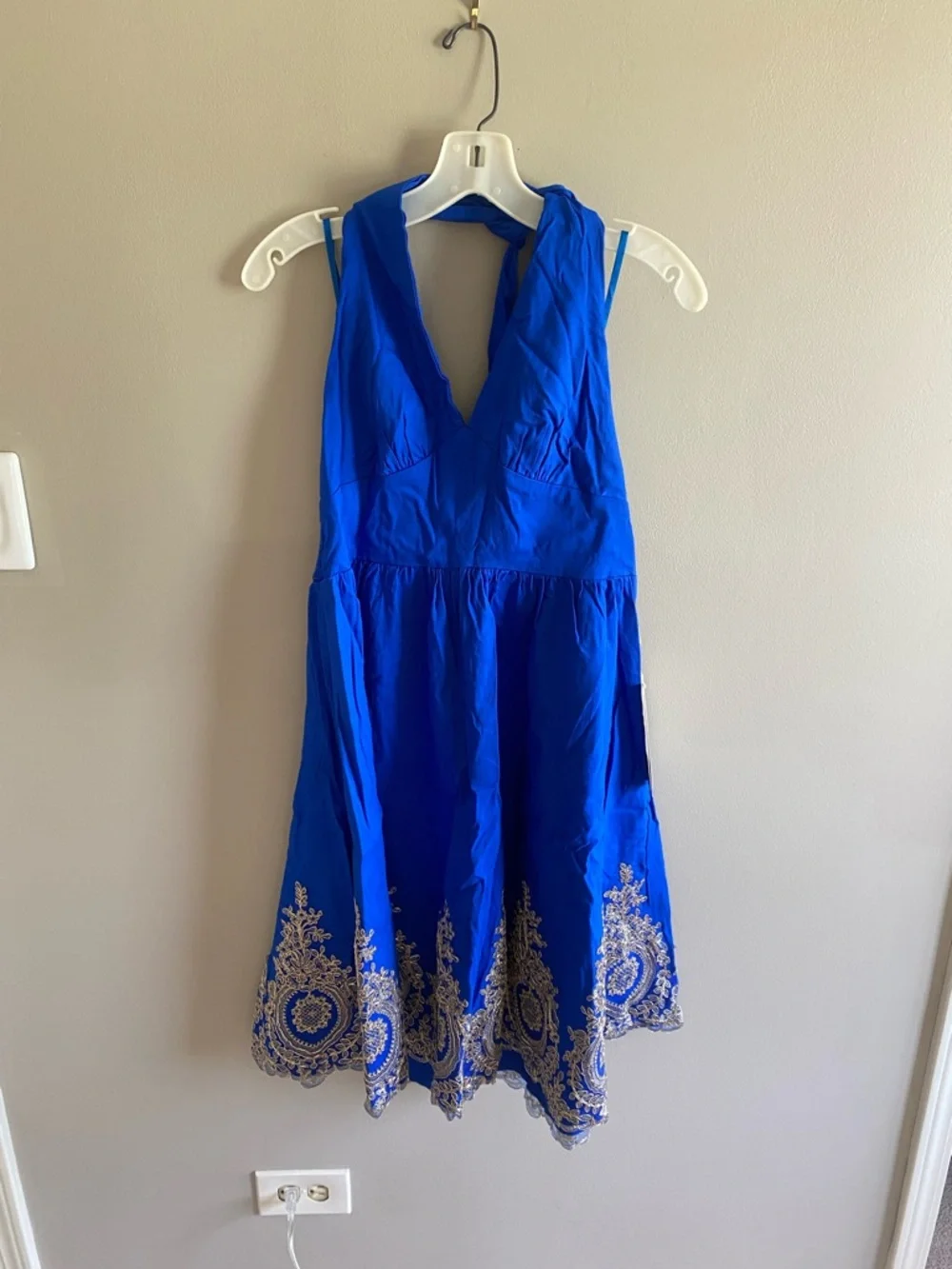 Deep Blue Halter Midi Dress with Gold Embroidered Hem - Picture 3 of 11